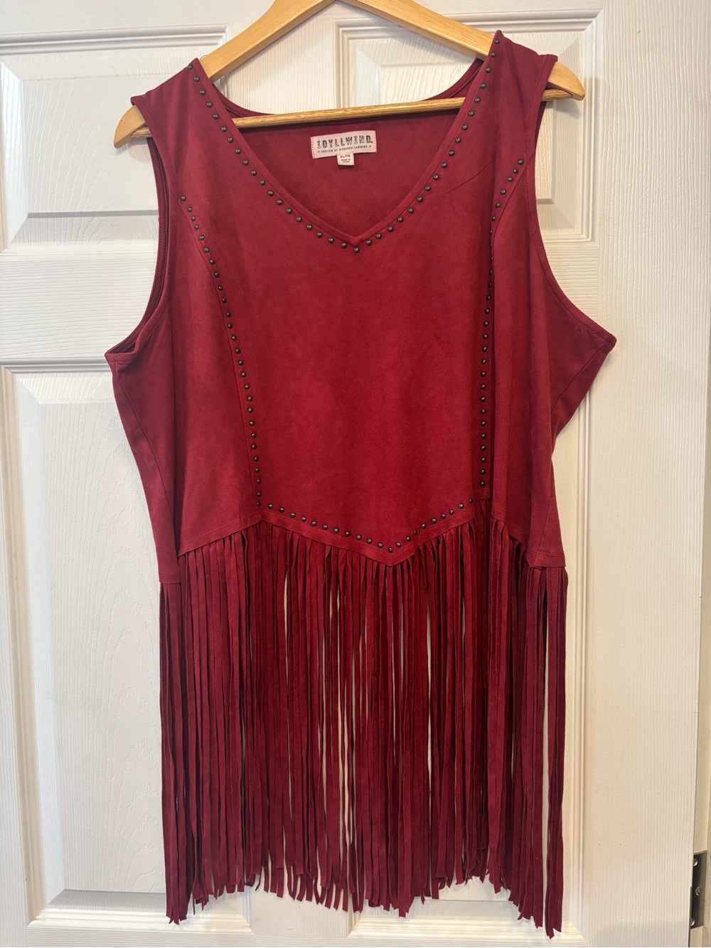Idyllwind Burgundy Suede-Feel Fringe Tank with Stud Details